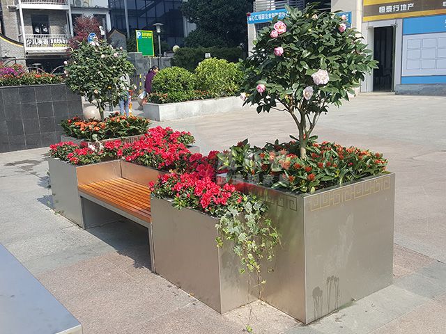市政道路大型不锈钢花盆休闲椅组合